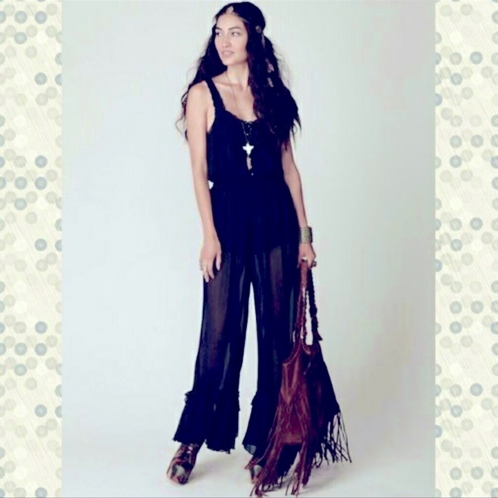 New FREE PEOPLE New Romantics Bell Ruffles Boho Navy Blue jumpsuit size XS